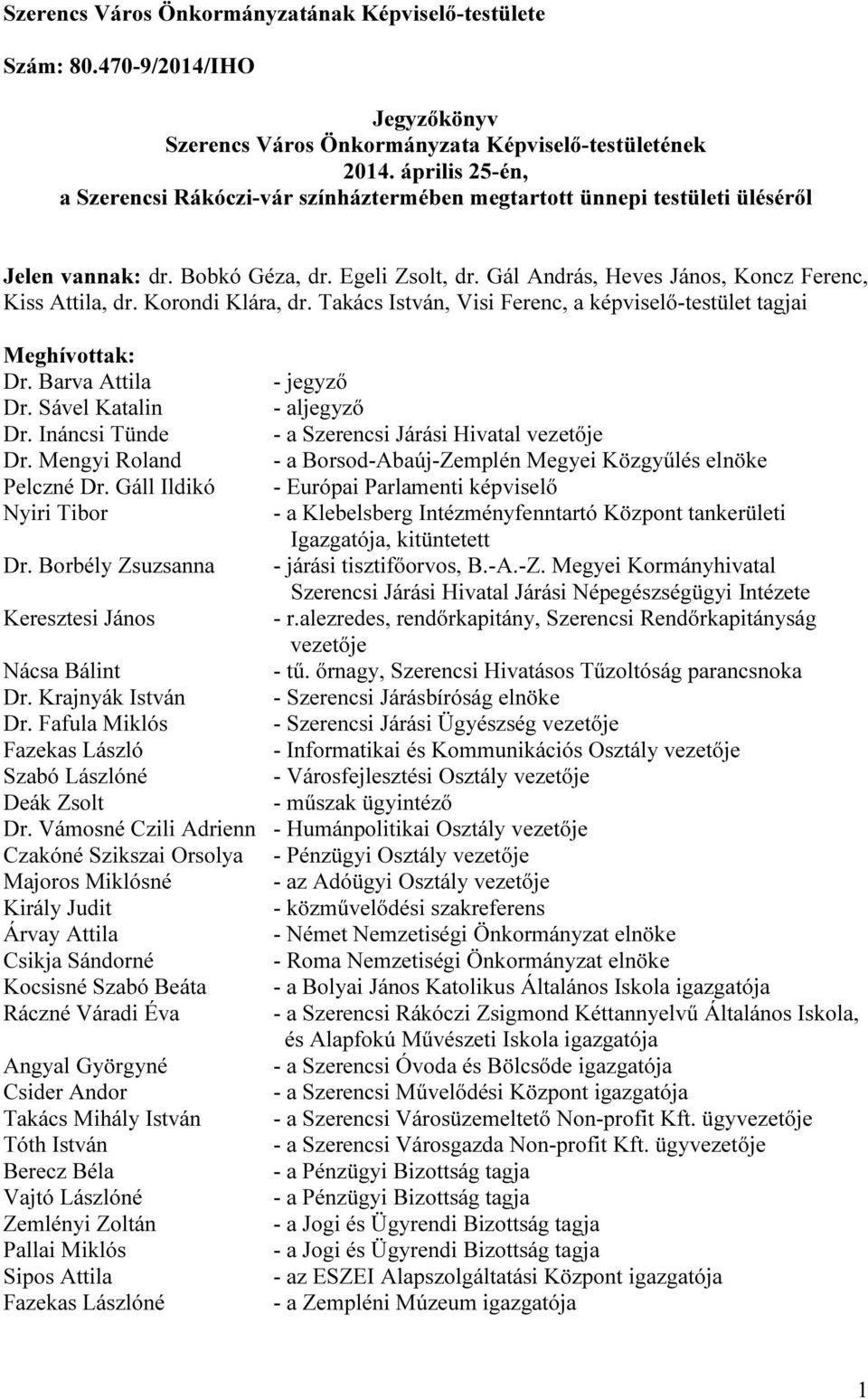 Korondi Klára, dr. Takács István, Visi Ferenc, a képviselő-testület tagjai Meghívottak: Dr. Barva Attila - jegyző Dr. Sável Katalin - aljegyző Dr.