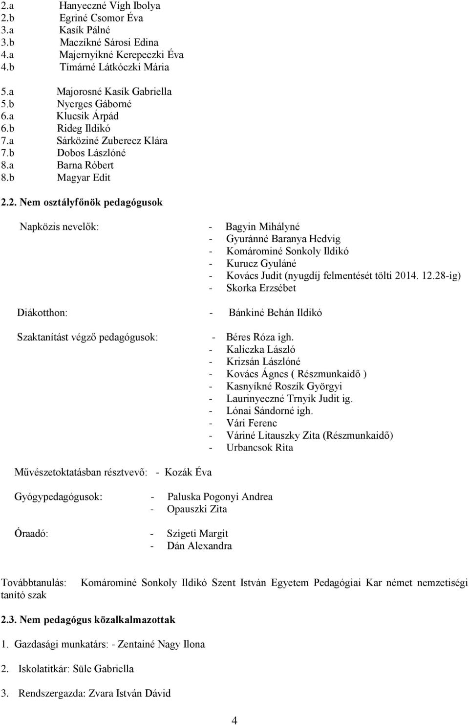 2. Nem osztályfőnök pedagógusok Napközis nevelők: - Bagyin Mihályné - Gyuránné Baranya Hedvig - Komárominé Sonkoly Ildikó - Kurucz Gyuláné - Kovács Judit (nyugdíj felmentését tölti 2014. 12.