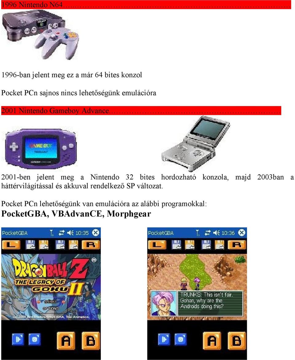 lehetőségünk emulációra 2001 Nintendo Gameboy Advance.