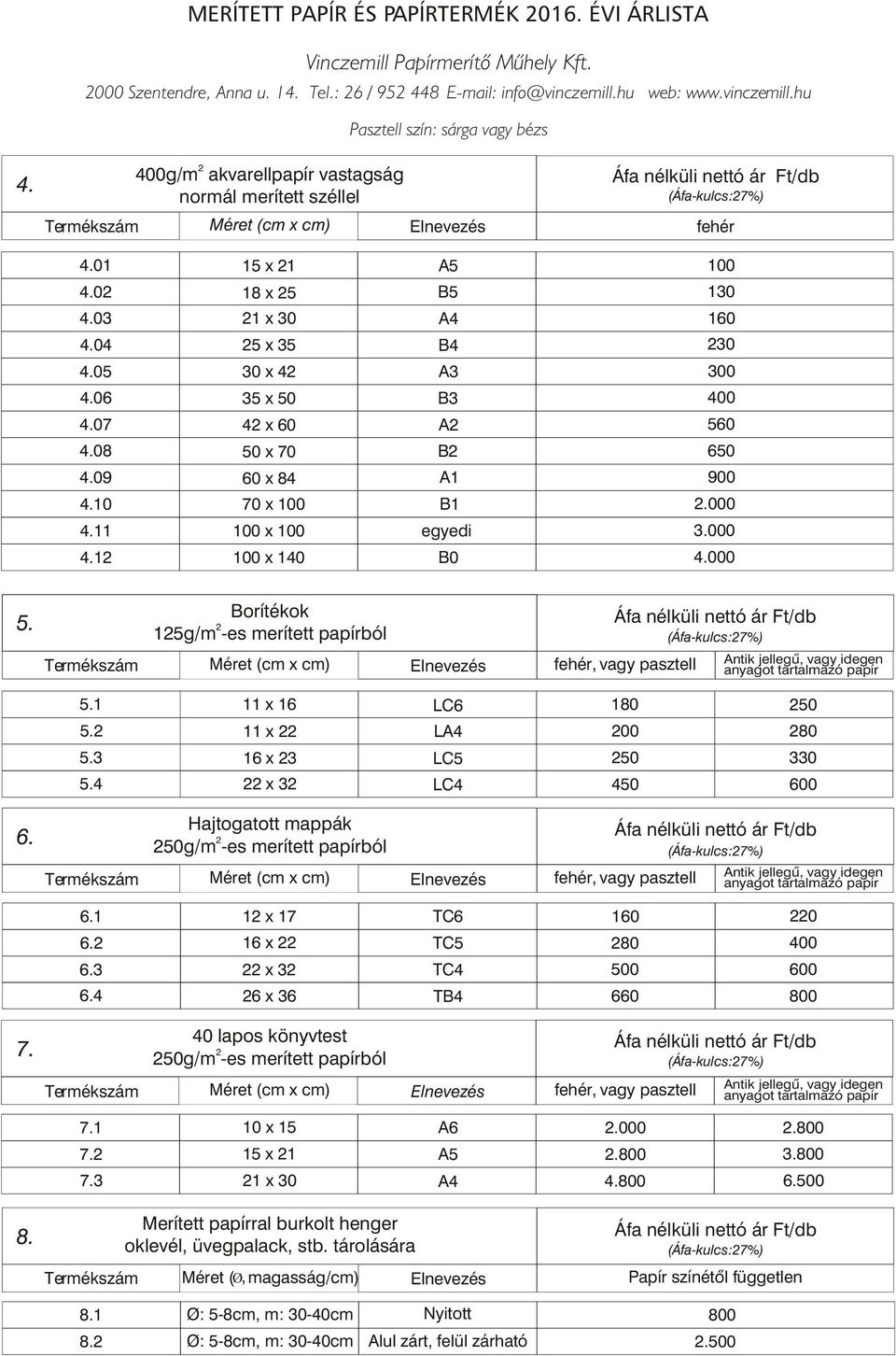 hu Pasztell szín: sárga vagy bézs g/m akvarellpapír vastagság normál merített széllel fehér 01 0 03 04 05 06 18 x 5 5 x 35 30 x 4 30 07 4 x 60 A 560 08 B 6 09 10 11 1 70 x x x 140 A1 B1 egyedi B0