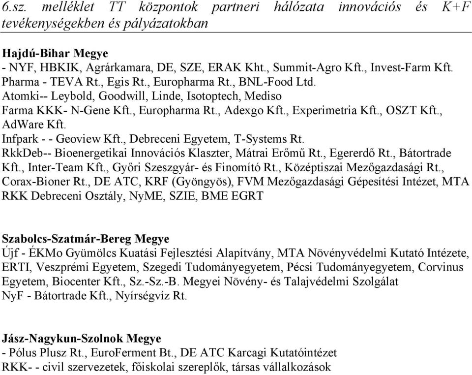 , AdWare Kft. Infpark - - Geoview Kft., Debreceni Egyetem, T-Systems Rt. RkkDeb-- Bioenergetikai Innovációs Klaszter, Mátrai Erőmű Rt., Egererdő Rt., Bátortrade Kft., Inter-Team Kft.