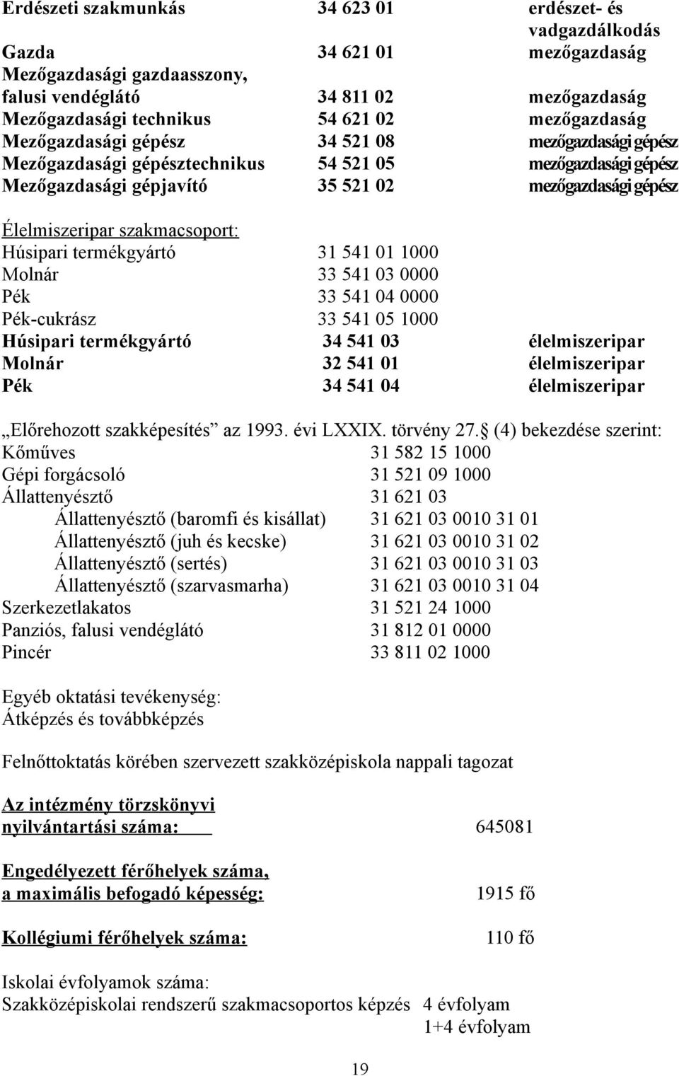 szakmacsoport: Húsipari termékgyártó 31 541 01 1000 Molnár 33 541 03 0000 Pék 33 541 04 0000 Pék-cukrász 33 541 05 1000 Húsipari termékgyártó 34 541 03 élelmiszeripar Molnár 32 541 01 élelmiszeripar