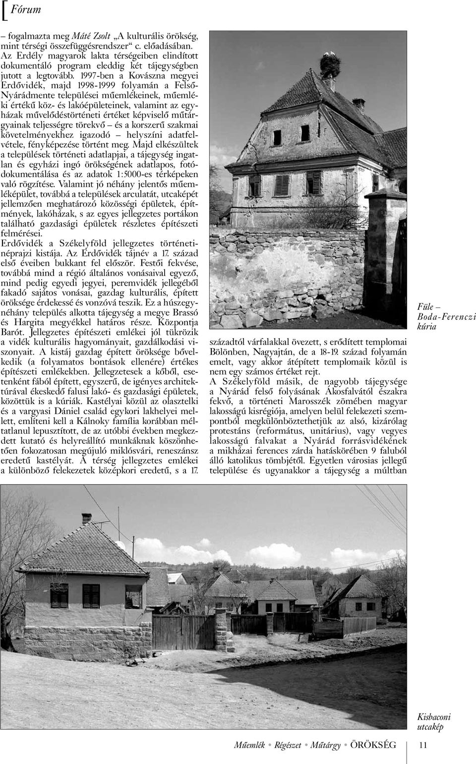 1997-ben a Kovászna megyei Erdõvidék, majd 1998-1999 folyamán a Felsõ- Nyárádmente települései mûemlékeinek, mûemléki értékû köz- és lakóépületeinek, valamint az egyházak mûvelõdéstörténeti értéket