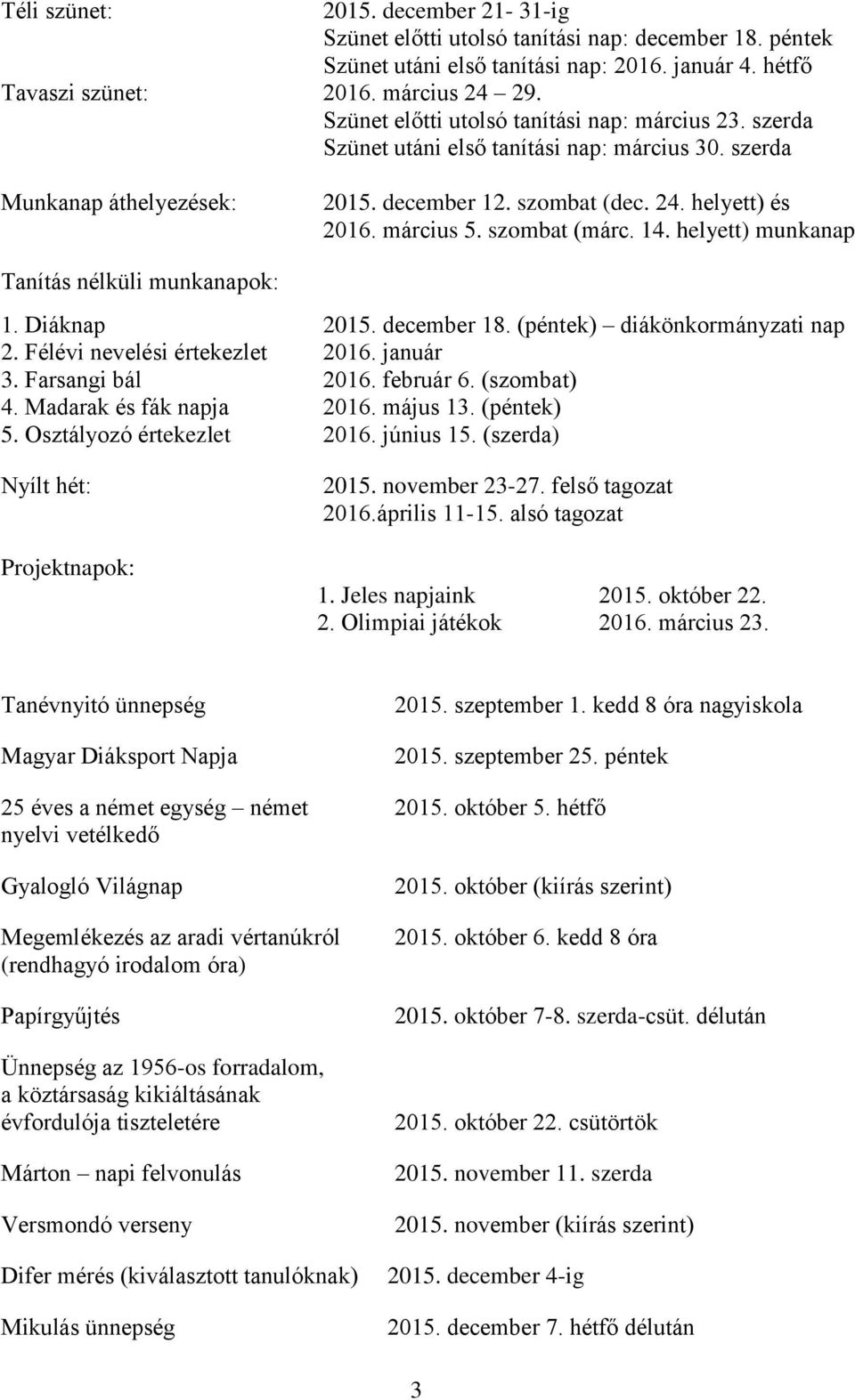 szombat (márc. 14. helyett) munkanap Tanítás nélküli munkanapok: 1. Diáknap 2015. december 18. (péntek) diákönkormányzati nap 2. Félévi nevelési értekezlet 2016. január 3. Farsangi bál 2016.