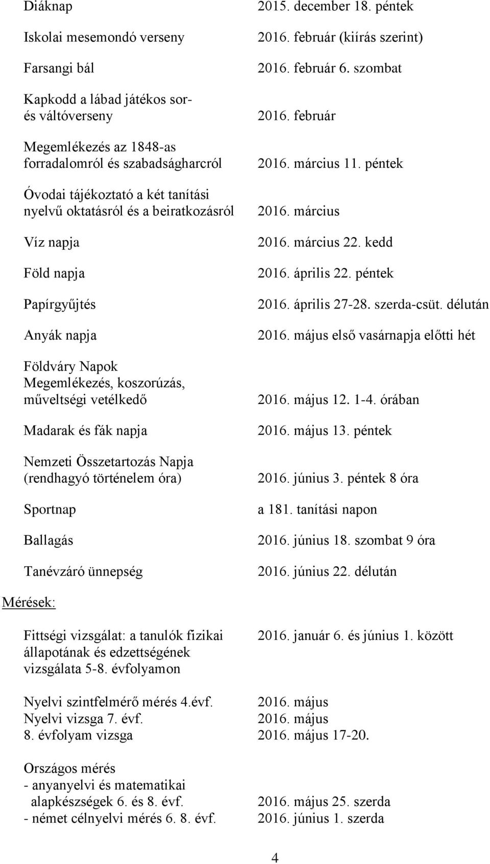 óra) Sportnap Ballagás Tanévzáró ünnepség 2015. december 18. péntek 2016. február (kiírás szerint) 2016. február 6. szombat 2016. február 2016. március 11. péntek 2016. március 2016. március 22.