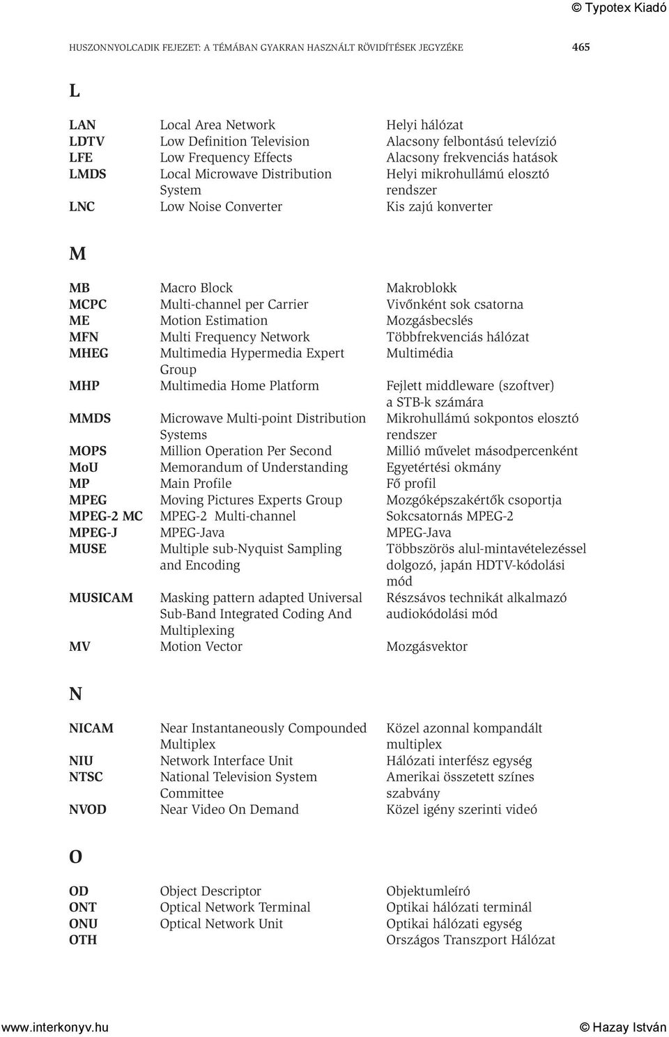 Carrier Vivőnként sok csatorna ME Motion Estimation Mozgásbecslés MFN Multi Frequency Network Többfrekvenciás hálózat MHEG Multimedia Hypermedia Expert Multimédia Group MHP Multimedia Home Platform