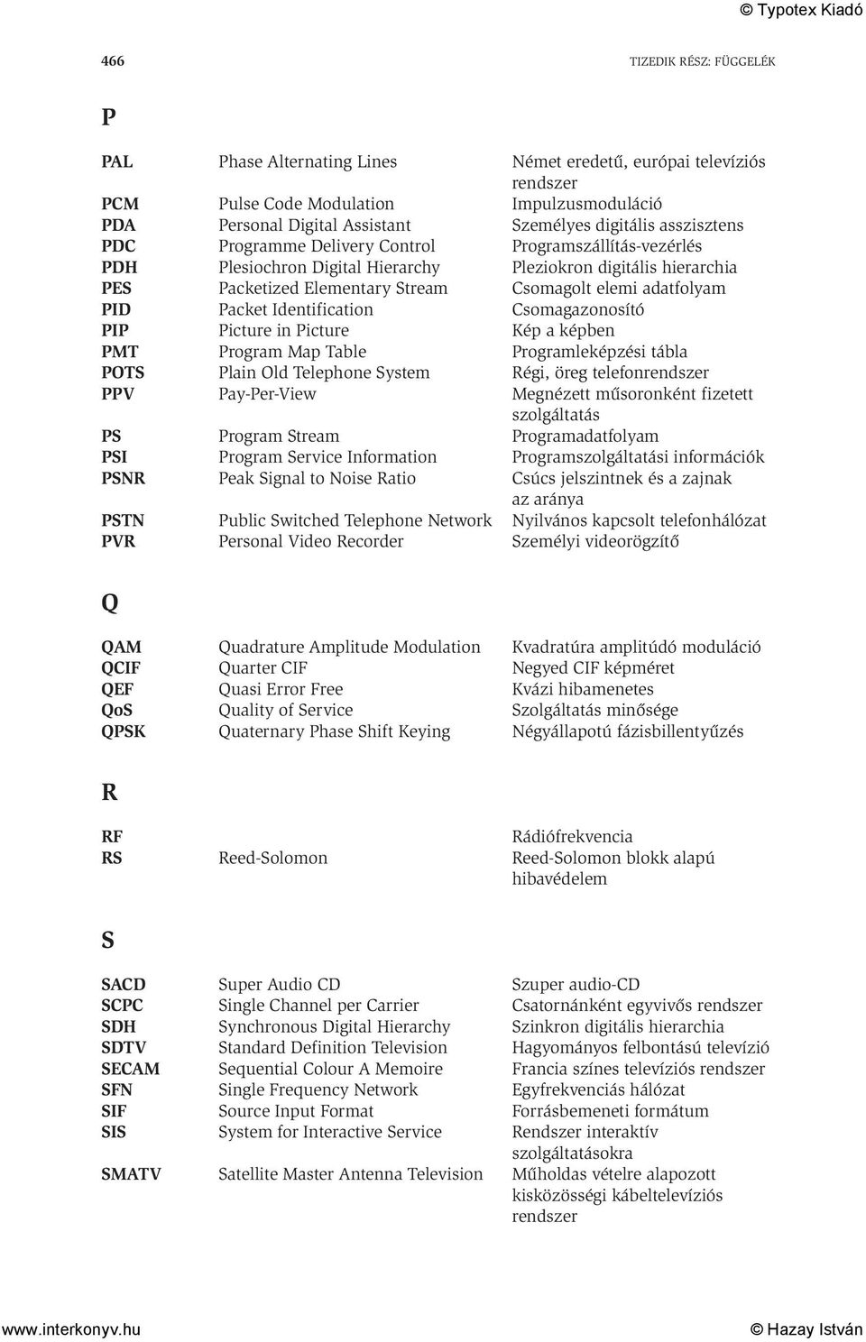 Identification Csomagazonosító PIP Picture in Picture Kép a képben PMT Program Map Table Programleképzési tábla POTS Plain Old Telephone System Régi, öreg telefon PPV Pay-Per-View Megnézett