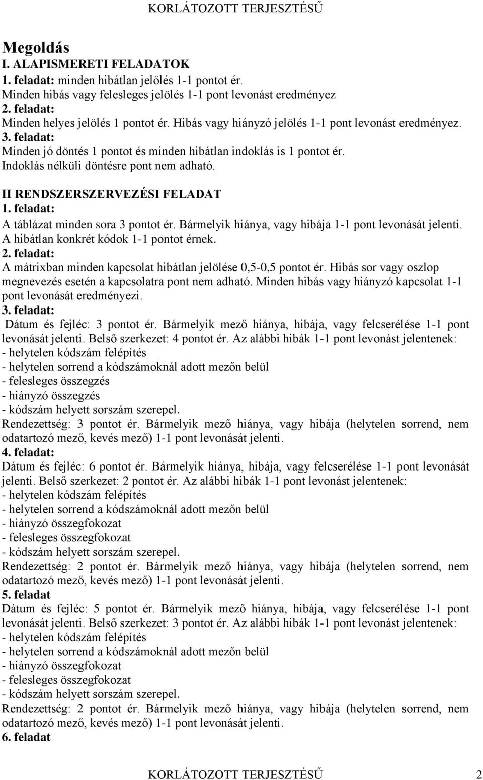 FELADAT 1 feladat: A táblázat minden sora 3 pontot ér Bármelyik hiánya, vagy hibája 1-1 pont levonását jelenti A hibátlan konkrét kódok 1-1 pontot érnek 2 feladat: A mátrixban minden kapcsolat