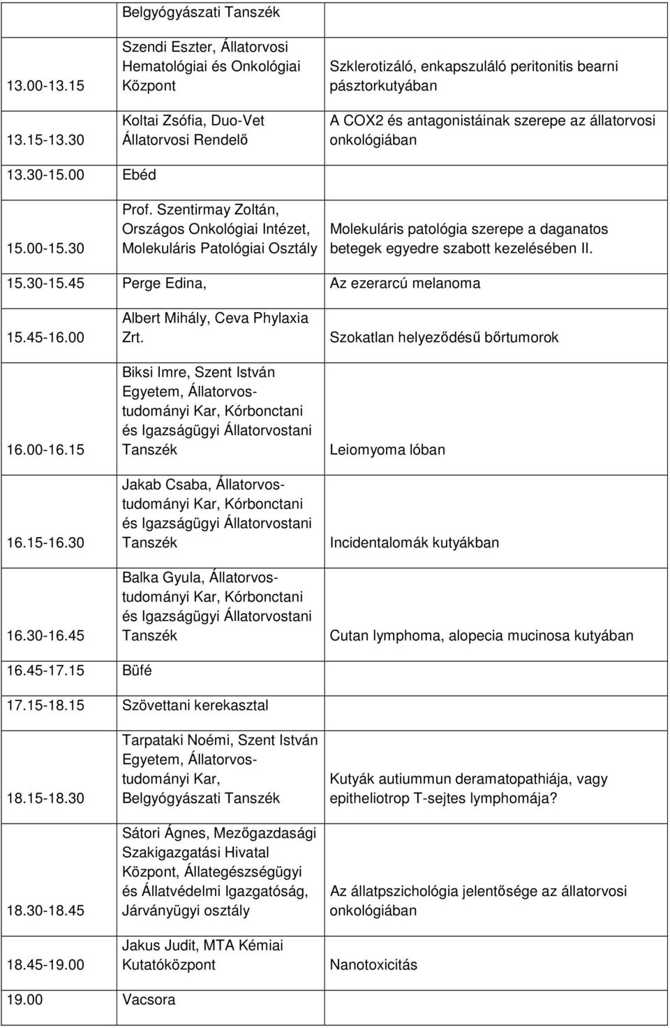 COX2 és antagonistáinak szerepe az állatorvosi onkológiában 13.30-15.00 Ebéd 15.00-15.30 Prof.