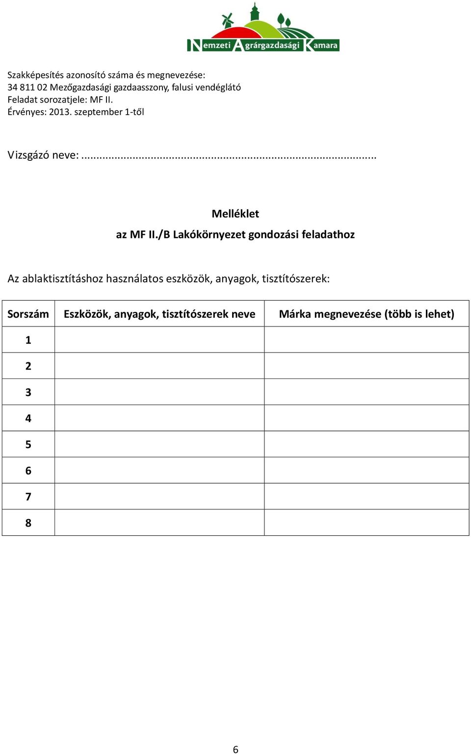 használatos eszközök, anyagok, tisztítószerek: Sorszám