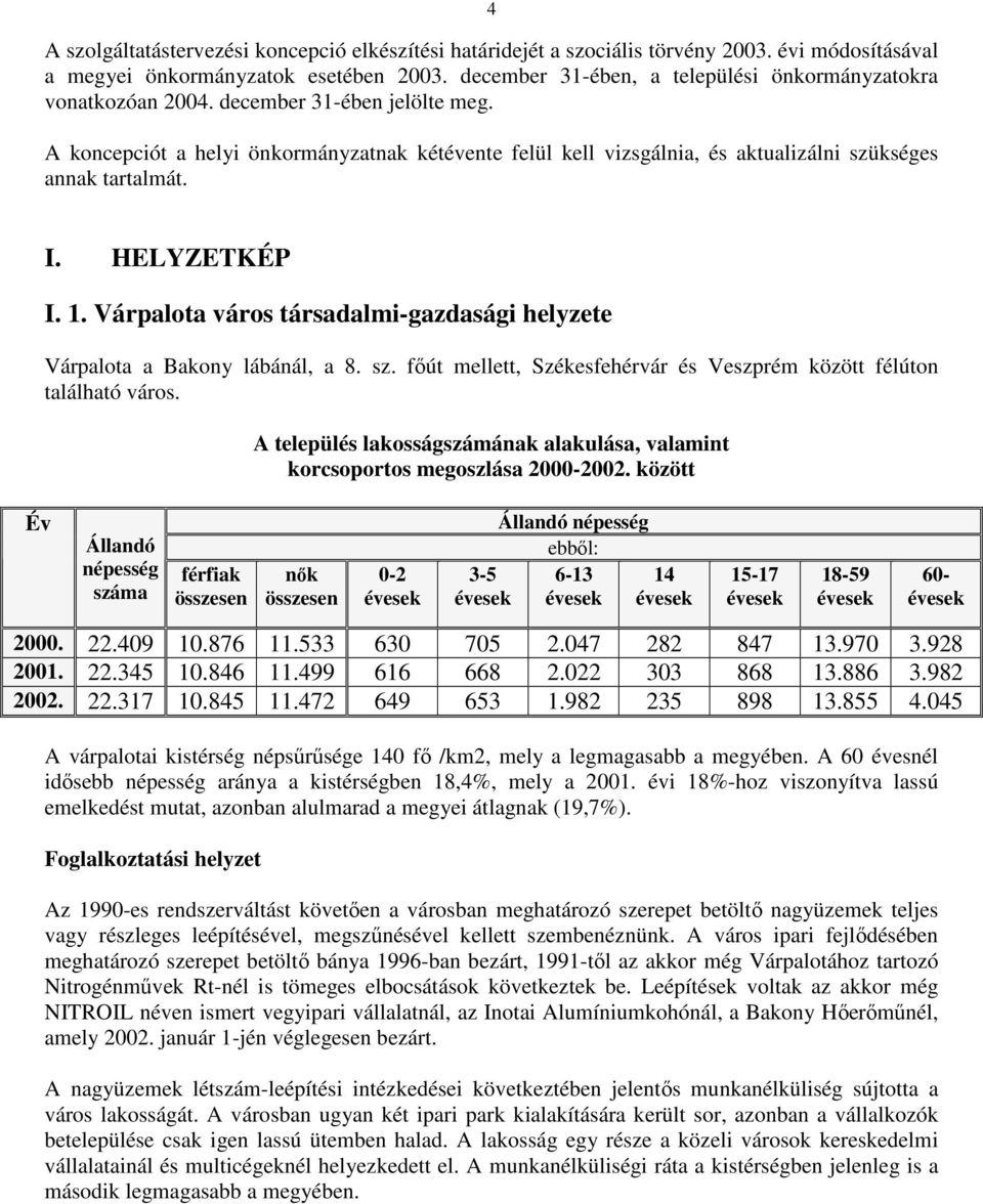 A koncepciót a helyi önkormányzatnak kétévente felül kell vizsgálnia, és aktualizálni szükséges annak tartalmát. I. HELYZETKÉP I. 1.