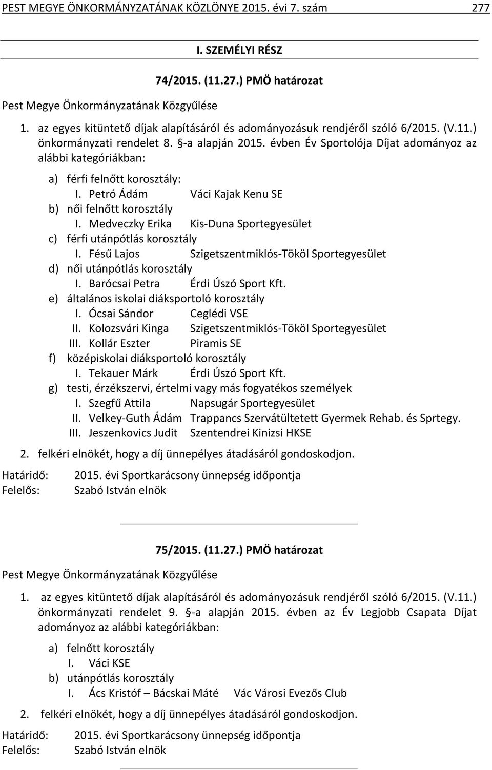 évben Év Sportolója Díjat adományoz az alábbi kategóriákban: a) férfi felnőtt korosztály: I. Petró Ádám Váci Kajak Kenu SE b) női felnőtt korosztály I.