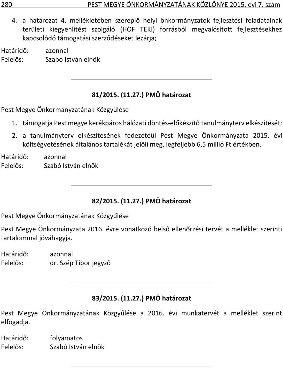 Határidő: Felelős: azonnal Szabó István elnök Pest Megye Önkormányzatának Közgyűlése 81/2015. (11.27.) PMÖ határozat 1.
