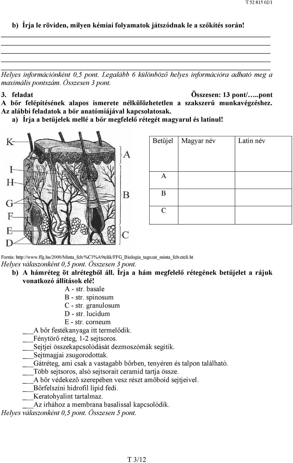 a) Írja a betűjelek mellé a bőr megfelelő rétegét magyarul és latinul! Betűjel Magyar név Latin név A B C Forrás: http://www.ffg.hu/2000/minta_felv%c3%a9telik/ffg_biologia_tagozat_minta_felveteli.