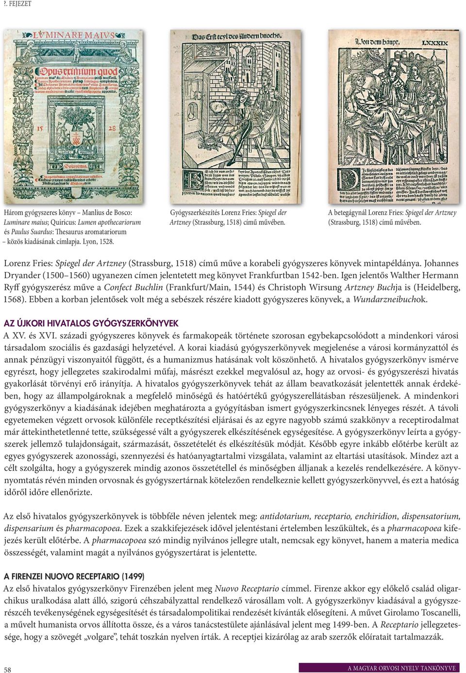 Lorenz Fries: Spiegel der Artzney (Strassburg, 1518) című műve a korabeli gyógyszeres könyvek mintapéldánya.