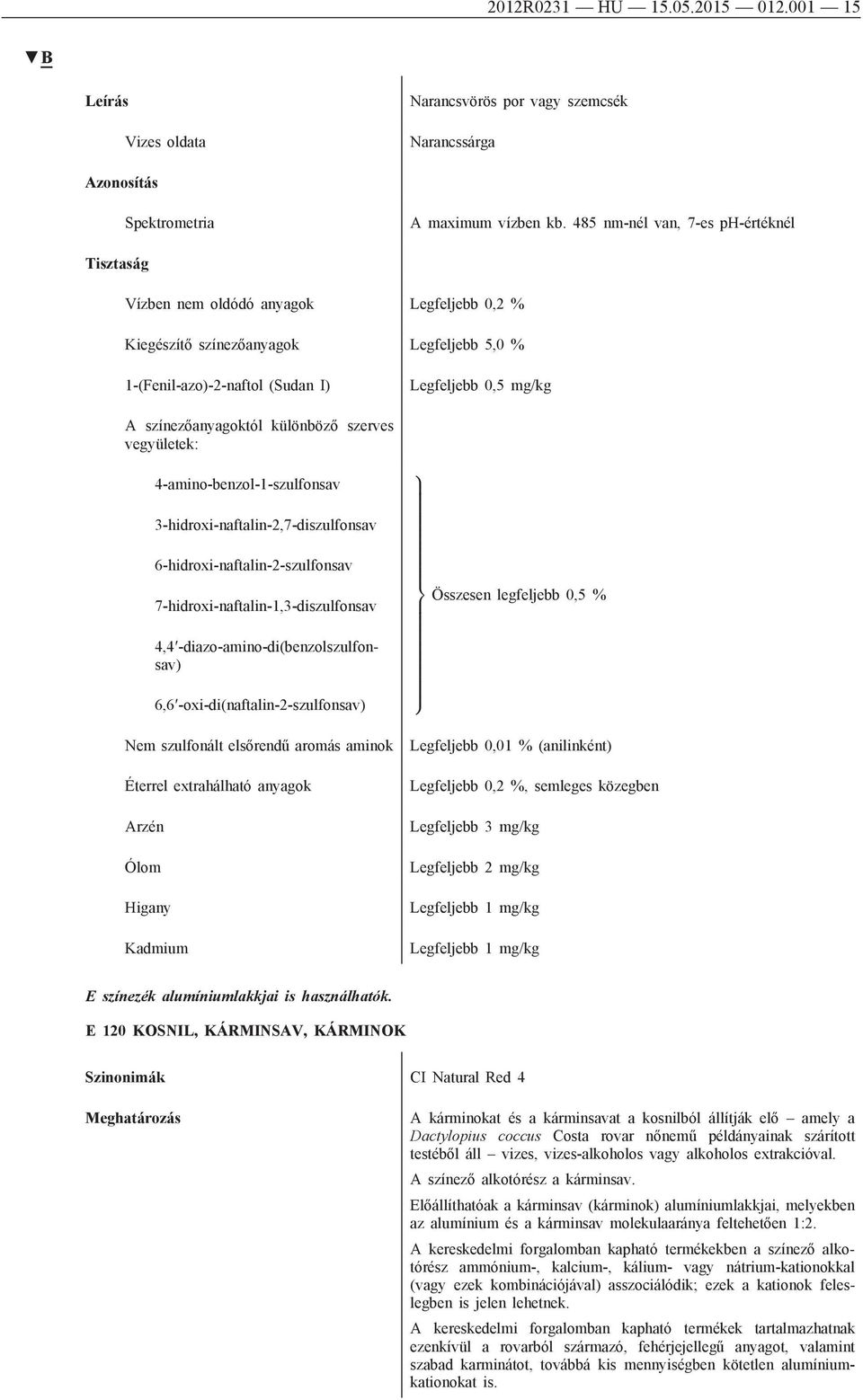 vegyületek: 4-amino-benzol-1-szulfonsav Legfeljebb 0,5 mg/kg 9 3-hidroxi-naftalin-2,7-diszulfonsav 6-hidroxi-naftalin-2-szulfonsav 7-hidroxi-naftalin-1,3-diszulfonsav 4,4