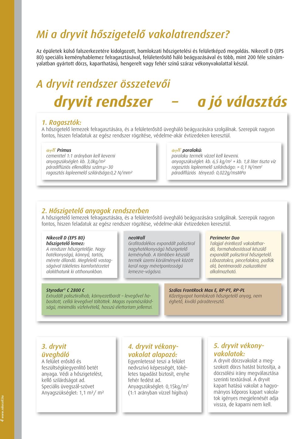 vékonyvakolattal készül. A dryvit rendszer összetevôi dryvit rendszer a jó választás 1. Ragasztók: A hôszigetelô lemezek felragasztására, és a felületerôsítô üvegháló beágyazására szolgálnak.