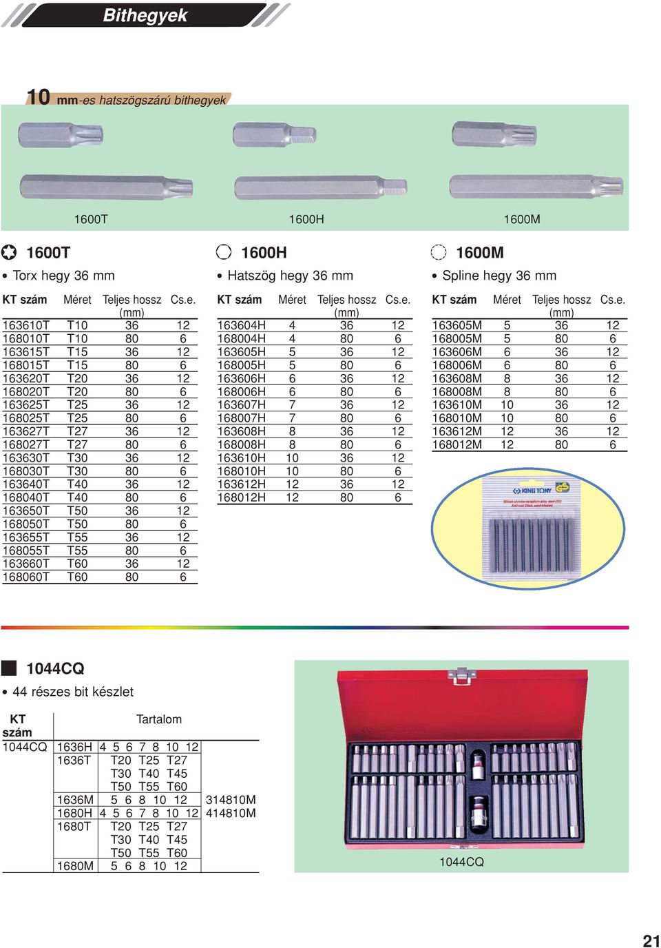 yek 1600T 1600H 1600M 1600T Torx hegy 36 mm Méret Teljes hossz Cs.e. 163610T T10 36 12 168010T T10 80 6 163615T T15 36 12 168015T T15 80 6 163620T T20 36 12 168020T T20 80 6 163625T T25 36 12 168025T