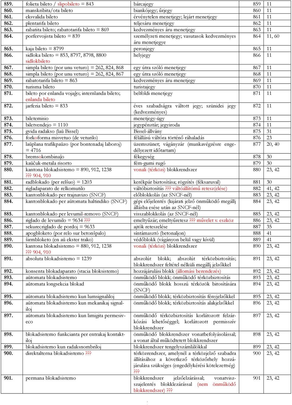porfervojista bileto = 839 személyzeti menetjegy; vasutasok kedvezményes 864, 60 áru menetjegye 865. kaja bileto = 8799 peronjegy 865 866.