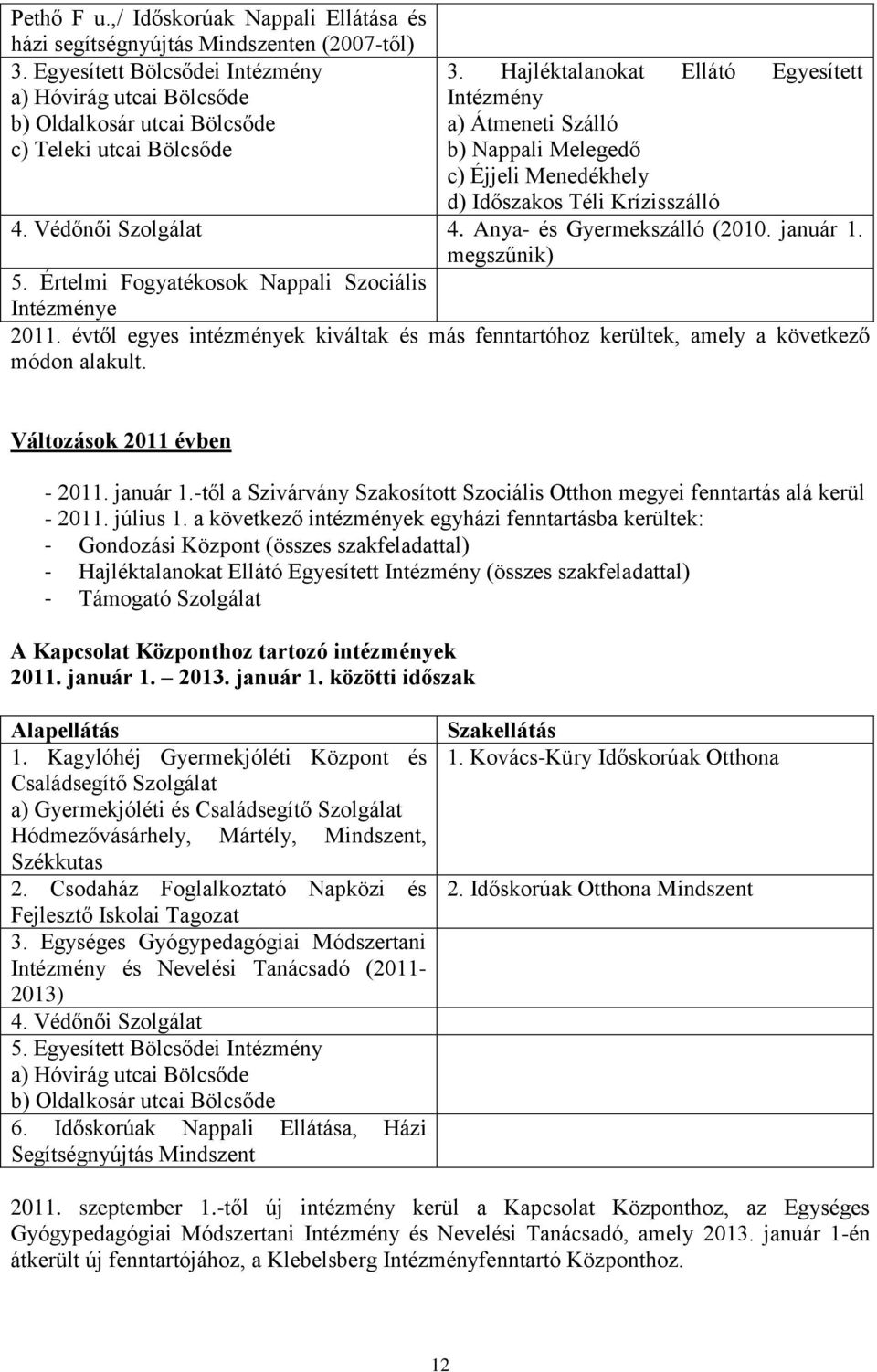 Hajléktalanokat Ellátó Egyesített Intézmény a) Átmeneti Szálló b) Nappali Melegedő c) Éjjeli Menedékhely d) Időszakos Téli Krízisszálló 4. Védőnői Szolgálat 4. Anya- és Gyermekszálló (2010. január 1.