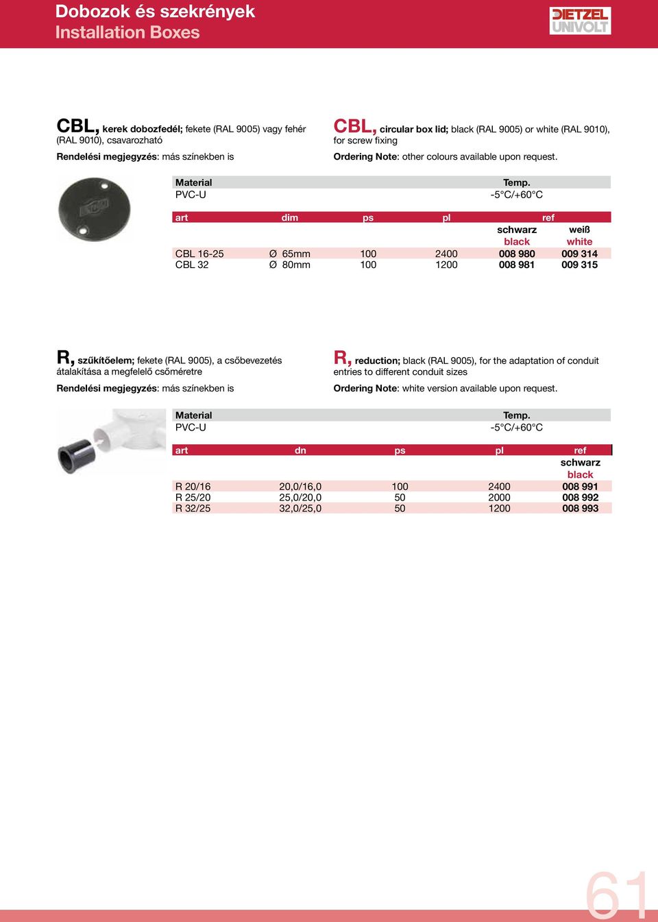 weiß CBL 16-25 Ø 65mm 100 2400 008 980 009 314 CBL 32 Ø 80mm 100 1200 008 981 009 315 R, szűkítőelem; (RAL 9005), a csőbevezetés átalakítása a megfelelő csőméretre Rendelési