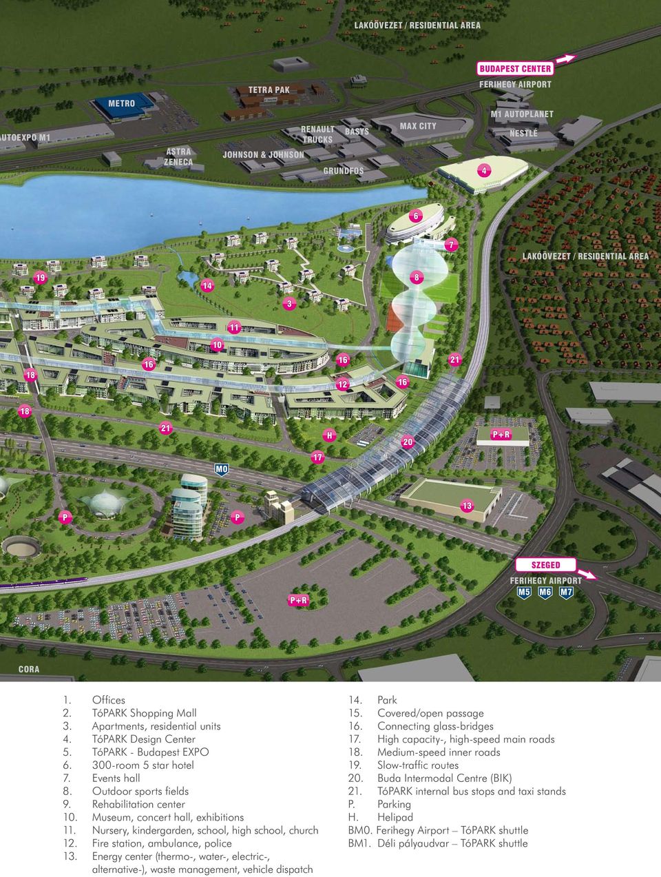 TóPARK Design Center 5. TóPARK - Budapest EXPO 6. 300-room 5 star hotel 7. Events hall 8. Outdoor sports fields 9. Rehabilitation center 10. Museum, concert hall, exhibitions 11.