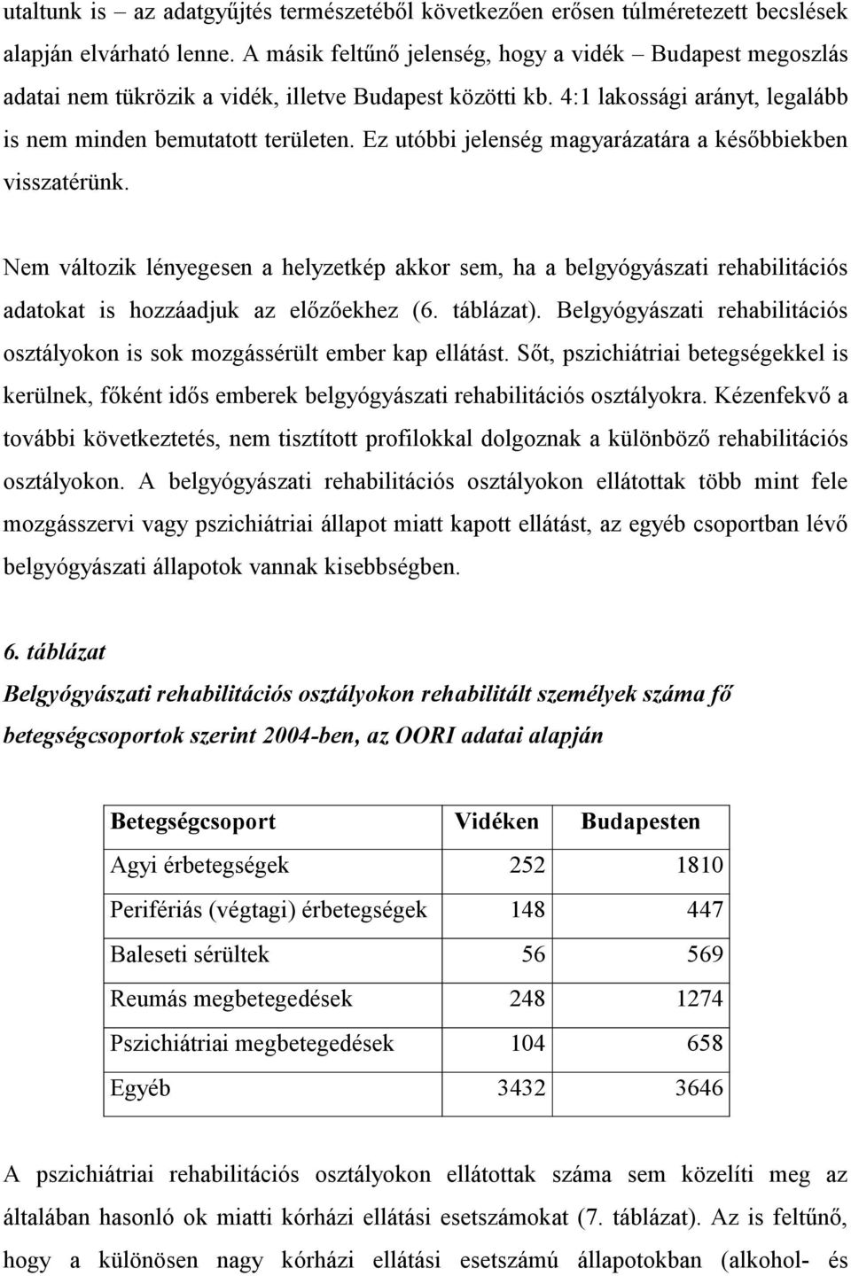 Ez utóbbi jelenség magyarázatára a későbbiekben visszatérünk. Nem változik lényegesen a helyzetkép akkor sem, ha a belgyógyászati rehabilitációs adatokat is hozzáadjuk az előzőekhez (6. táblázat).