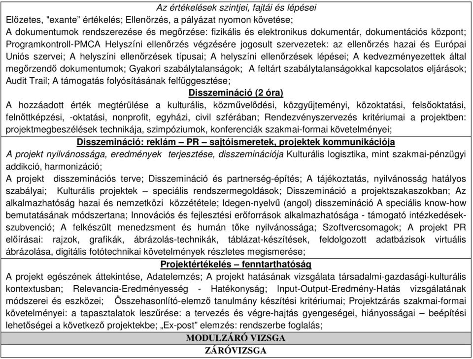 ellenőrzések lépései; A kedvezményezettek által megőrzendő dokumentumok; Gyakori szabálytalanságok; A feltárt szabálytalanságokkal kapcsolatos eljárások; Audit Trail; A támogatás folyósításának