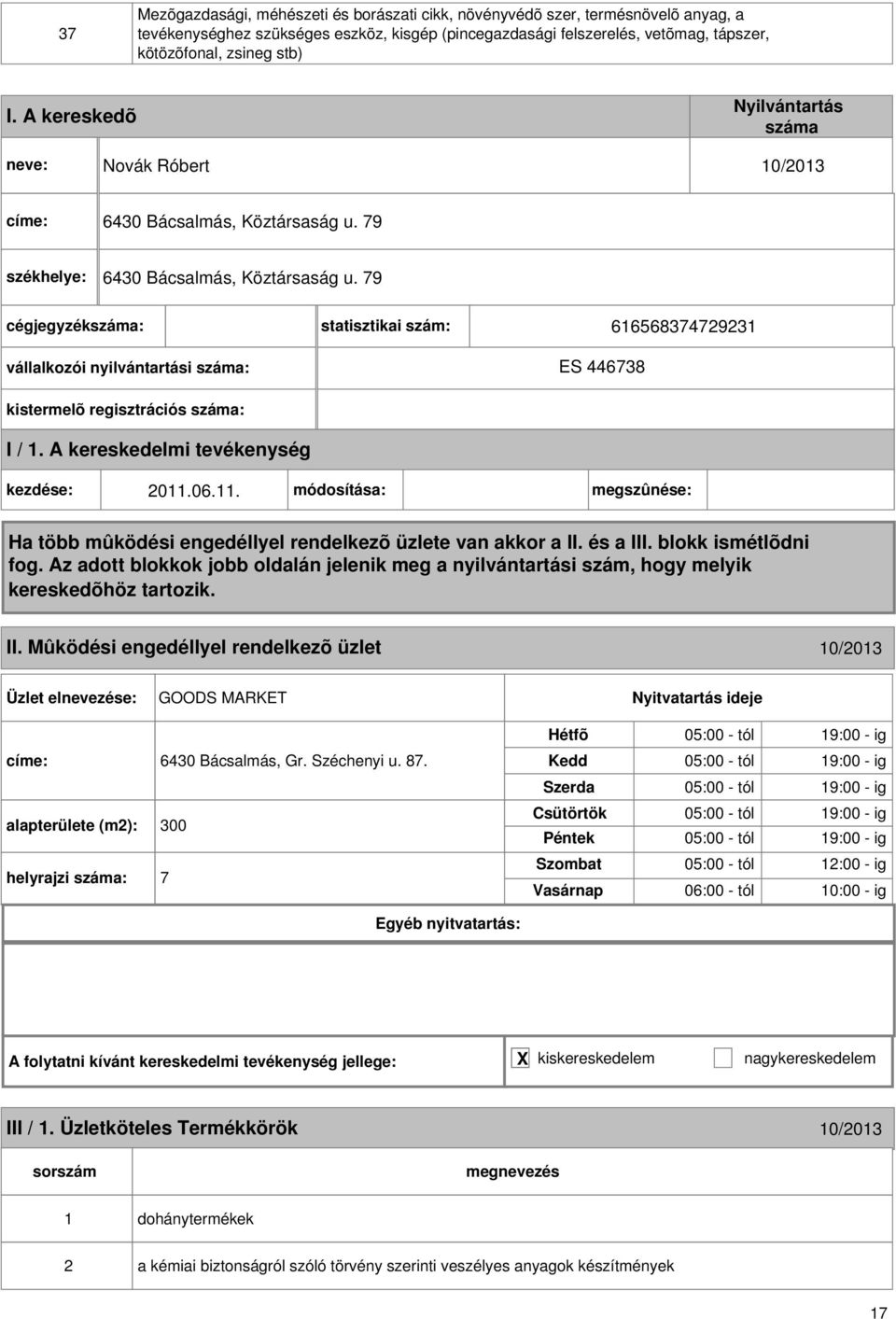 11. módosítása: megszûnése: II. Mûködési engedéllyel rendelkezõ üzlet 10/2013 GOODS MARKET címe: 6430 Bácsalmás, Gr. Széchenyi u. 87.