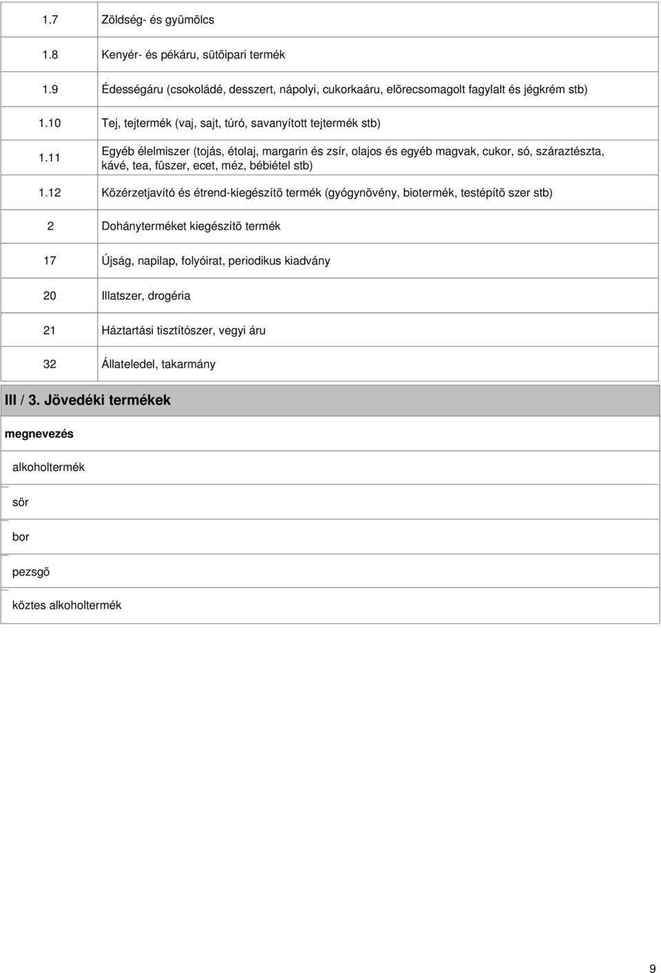 (tojás, étolaj, margarin és zsír, olajos és egyéb magvak, cukor, só, száraztészta, kávé, tea, fûszer, ecet, méz, bébiétel stb) Közérzetjavító és étrend-kiegészítõ termék