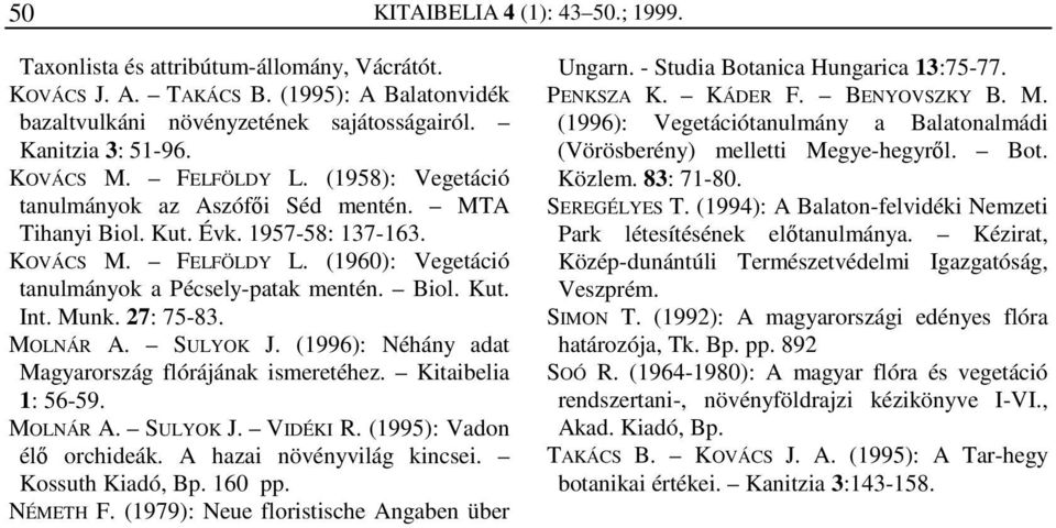 Munk. 27: 75-83. MOLNÁR A. SULYOK J. (1996): Néhány adat Magyarország flórájának ismeretéhez. Kitaibelia 1: 56-59. MOLNÁR A. SULYOK J. VIDÉKI R. (1995): Vadon élő orchideák.