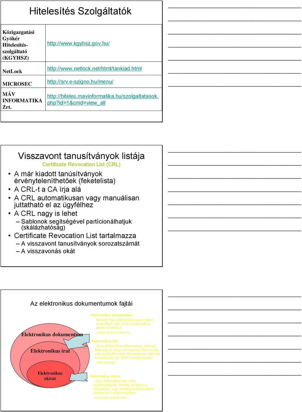 id=1&cmd=view_all Visszavont tanusítványok listája Certificate Revocation List (CRL) A már kiadott tanúsítványok érvényteleníthetőek (feketelista) A CRL-t a CA írja alá A CRL automatikusan vagy