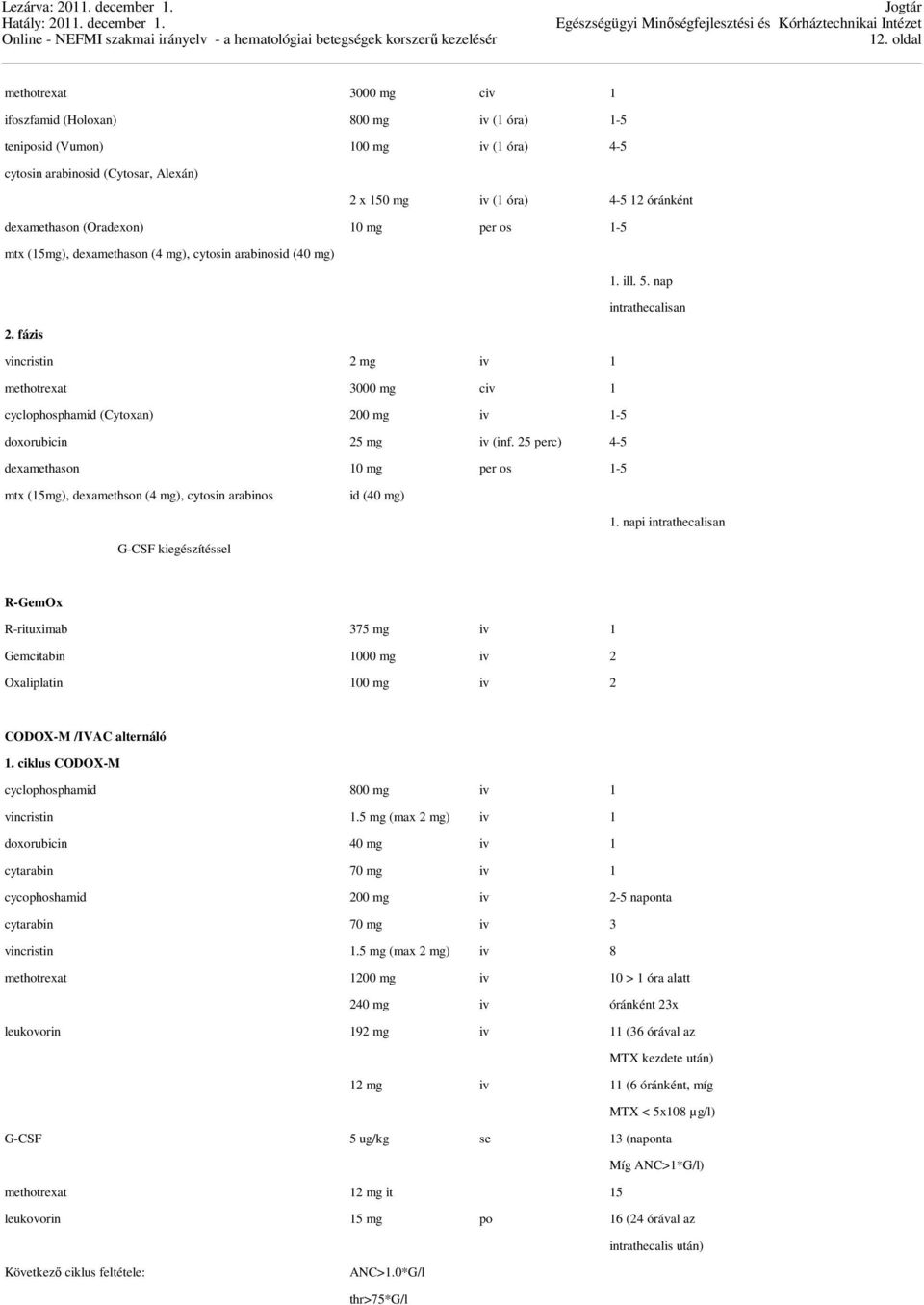 fázis vincristin 2 mg iv 1 methotrexat 3000 mg civ 1 cyclophosphamid (Cytoxan) 200 mg iv 1-5 doxorubicin 25 mg iv (inf.