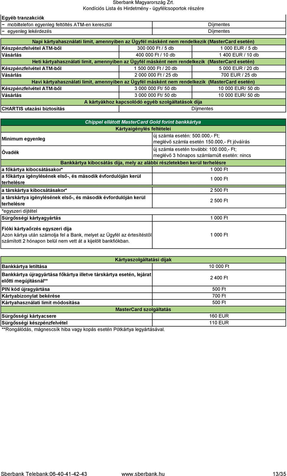 ATMből 1 500 000 Ft / 20 db 5 000 EUR / 20 db Vásárlás 2 000 000 Ft / 25 db 700 EUR / 25 db Havi kártyahasználati limit, amennyiben az Ügyfél másként nem rendelkezik (MasterCard esetén)