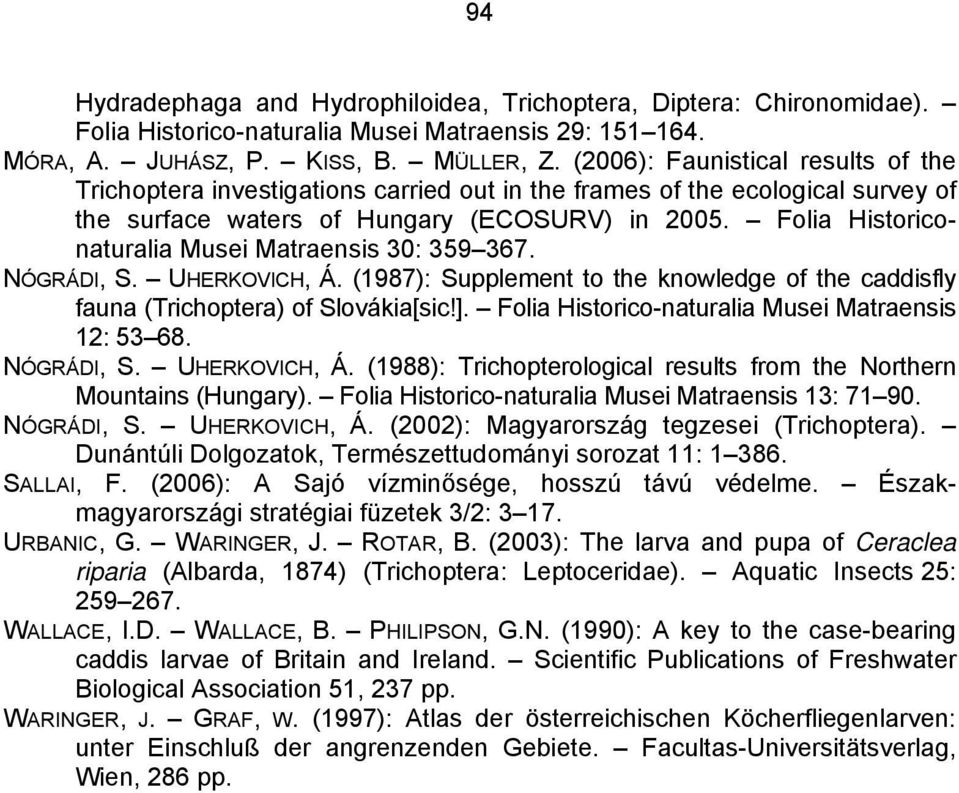 Folia Historiconaturalia Musei Matraensis 30: 359 367. NÓGRÁDI, S. UHERKOVICH, Á. (1987): Supplement to the knowledge of the caddisfly fauna (Trichoptera) of Slovákia[sic!].