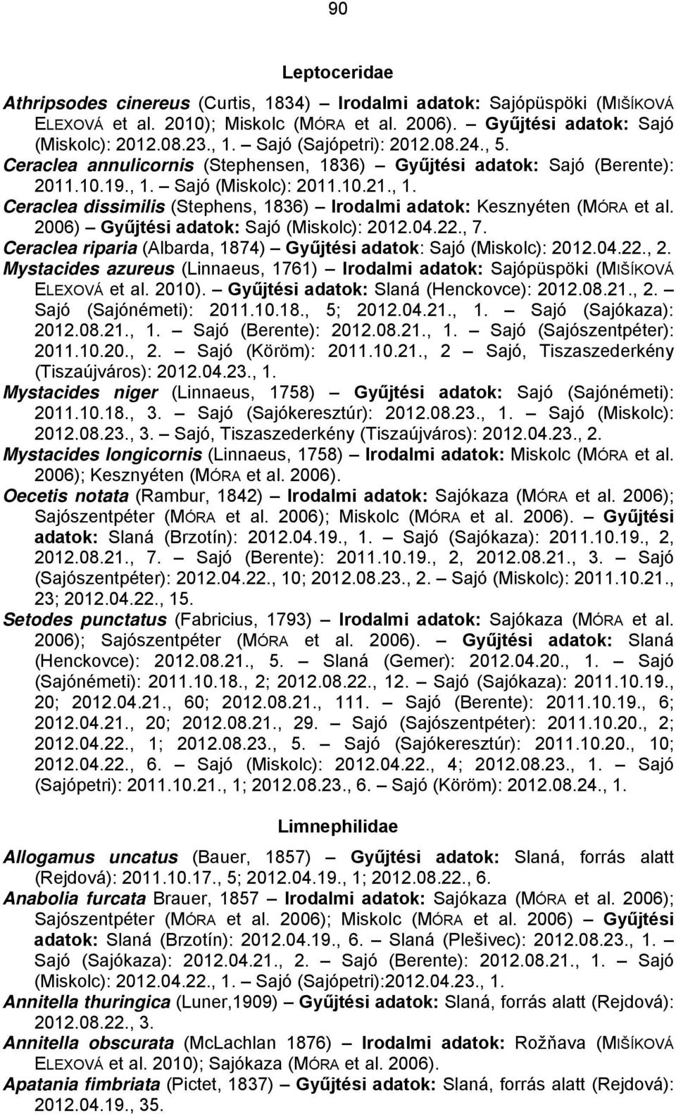 2006) Gyűjtési adatok: Sajó (Miskolc): 2012.04.22., 7. Ceraclea riparia (Albarda, 1874) Gyűjtési adatok: Sajó (Miskolc): 2012.04.22., 2.