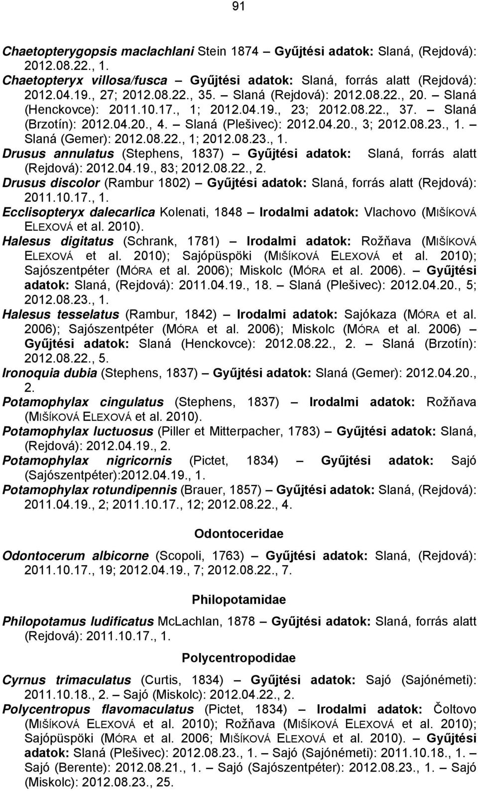 08.22., 1; 2012.08.23., 1. Drusus annulatus (Stephens, 1837) Gyűjtési adatok: Slaná, forrás alatt (Rejdová): 2012.04.19., 83; 2012.08.22., 2.