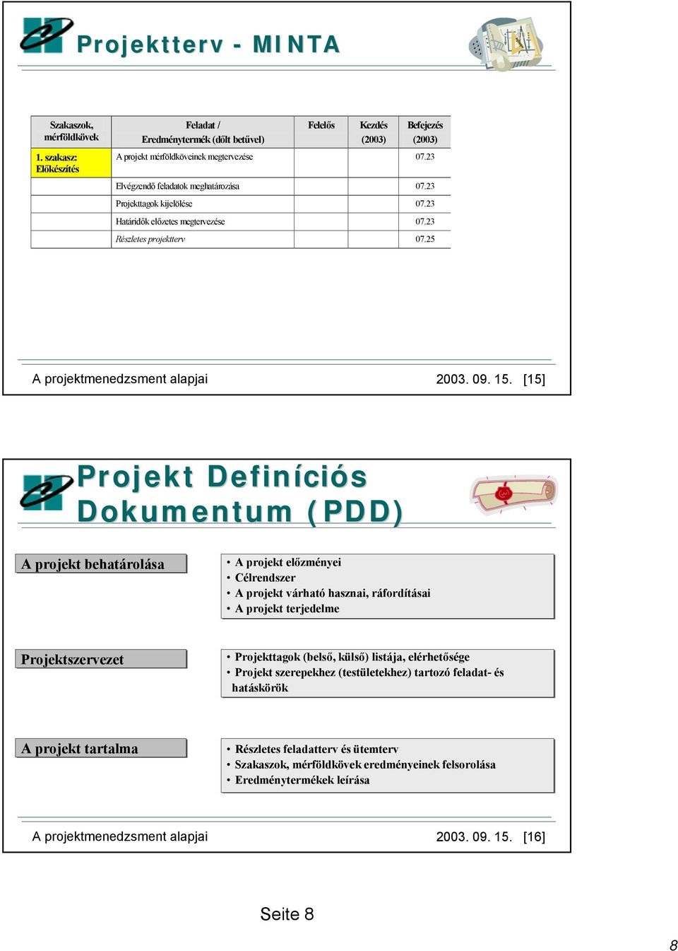 [15] Projekt Definíci ciós Dokumentum (PDD) A projekt behatárolása A projekt előzményei Célrendszer A projekt várhatóhasznai, ráfordításai A projekt terjedelme Projektszervezet Projekttagok (belső,