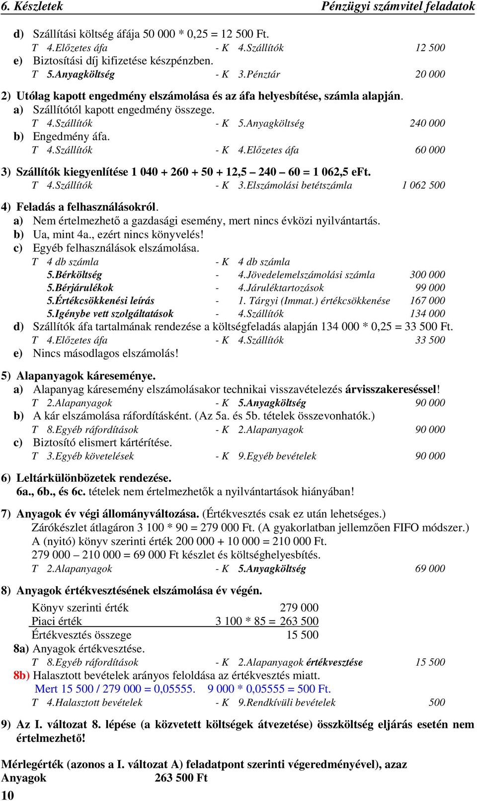 Elızetes áfa 60 000 3) Szállítók kiegyenlítése 1 040 + 260 + 50 + 12,5 240 60 = 1 062,5 eft. T 4.Szállítók - K 3.Elszámolási betétszámla 1 062 500 4) Feladás a felhasználásokról.