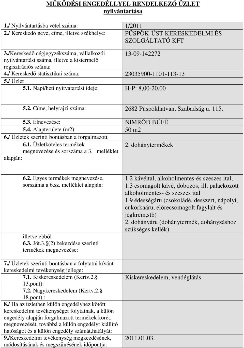 115. 5.3. Elnevezése: NIMRÓD BÜFÉ 5.4. Alapterülete (m2): 50 m2 2. dohánytermékek 1.2 kávéital, alkoholmentes-és szeszes ital, 1.3 csomagolt kávé, dobozos, ill.