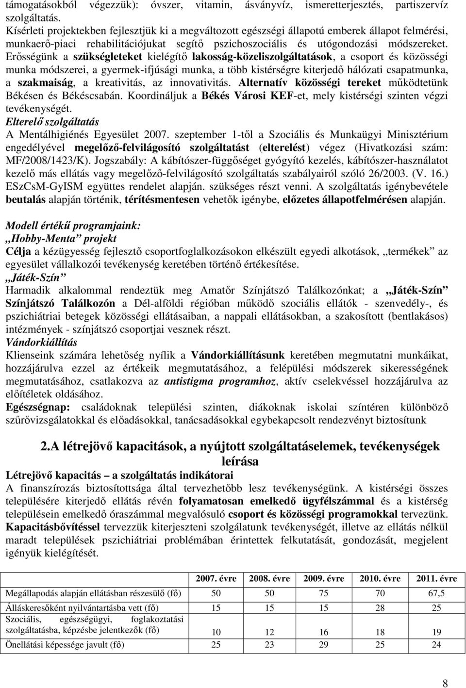 Erősségünk a szükségleteket kielégítő lakosság-közeliszolgáltatások, a csoport és közösségi munka módszerei, a gyermek-ifjúsági munka, a több kistérségre kiterjedő hálózati csapatmunka, a szakmaiság,