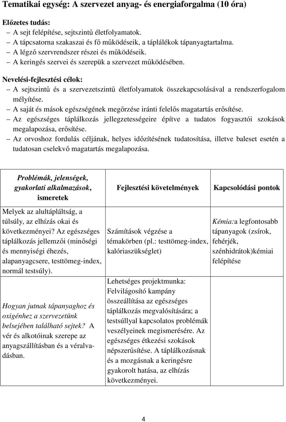 Nevelési-fejlesztési célok: A sejtszintű és a szervezetszintű életfolyamatok összekapcsolásával a rendszerfogalom mélyítése.