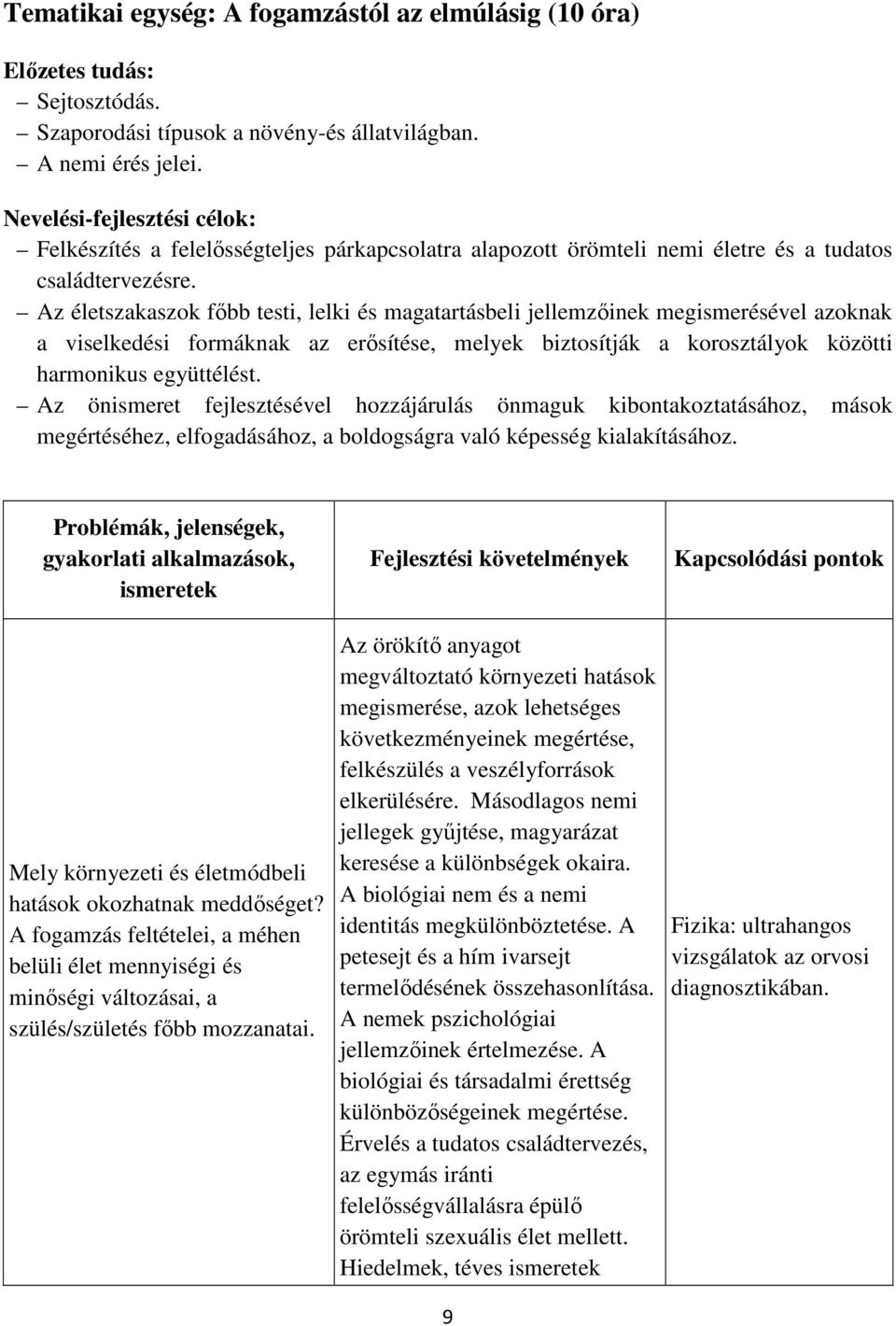 Az életszakaszok főbb testi, lelki és magatartásbeli jellemzőinek megismerésével azoknak a viselkedési formáknak az erősítése, melyek biztosítják a korosztályok közötti harmonikus együttélést.