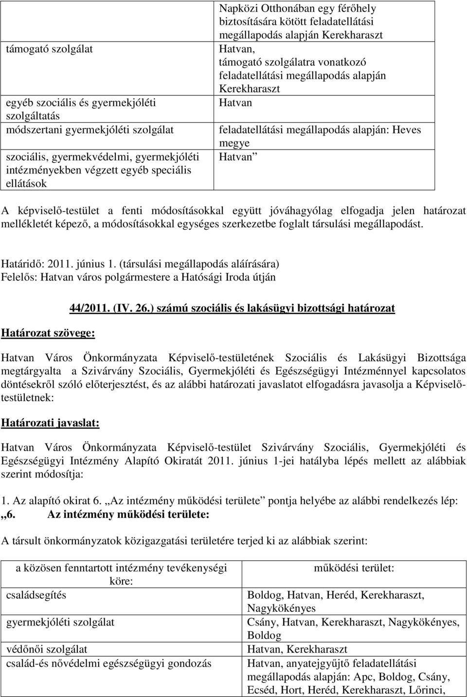 feladatellátási megállapodás alapján: Heves megye Hatvan A képviselő-testület a fenti módosításokkal együtt jóváhagyólag elfogadja jelen határozat mellékletét képező, a módosításokkal egységes