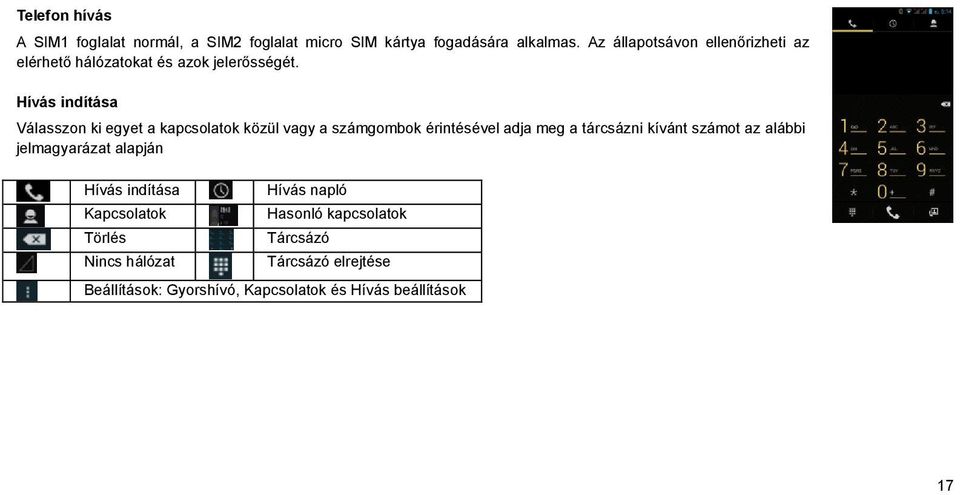 Hívás indítása Válasszon ki egyet a kapcsolatok közül vagy a számgombok érintésével adja meg a tárcsázni kívánt számot az