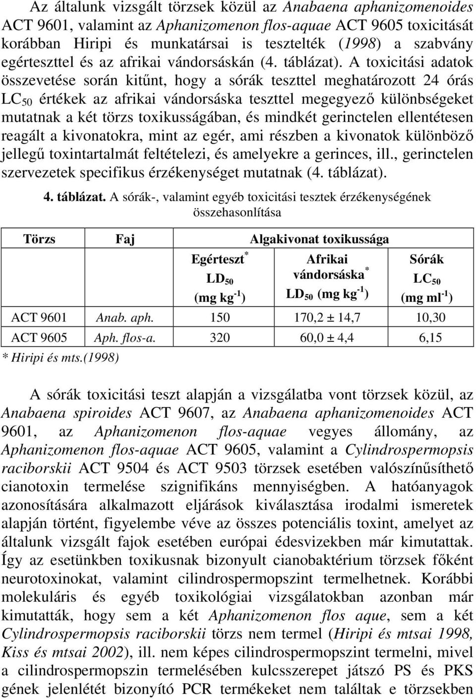 A toxicitási adatok összevetése során kitűnt, hogy a sórák teszttel meghatározott 24 órás LC 50 értékek az afrikai vándorsáska teszttel megegyező különbségeket mutatnak a két törzs toxikusságában, és