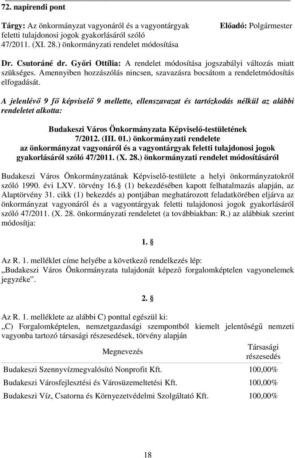 A jelenlévı 9 fı képviselı 9 mellette, ellenszavazat és tartózkodás nélkül az alábbi rendeletet alkotta: Budakeszi Város Önkormányzata Képviselı-testületének 7/2012. (III. 01.