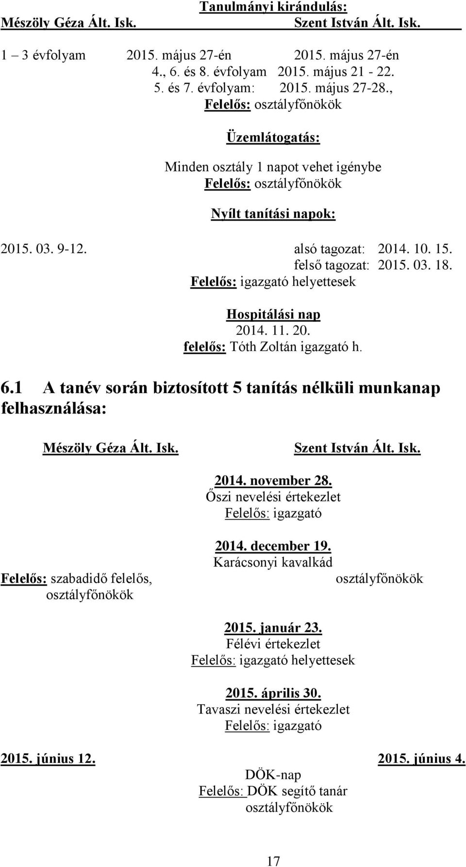 Felelős: igazgató helyettesek Hospitálási nap 2014. 11. 20. felelős: Tóth Zoltán igazgató h. 6.1 A tanév során biztosított 5 tanítás nélküli munkanap felhasználása: Mészöly Géza Ált. Isk.