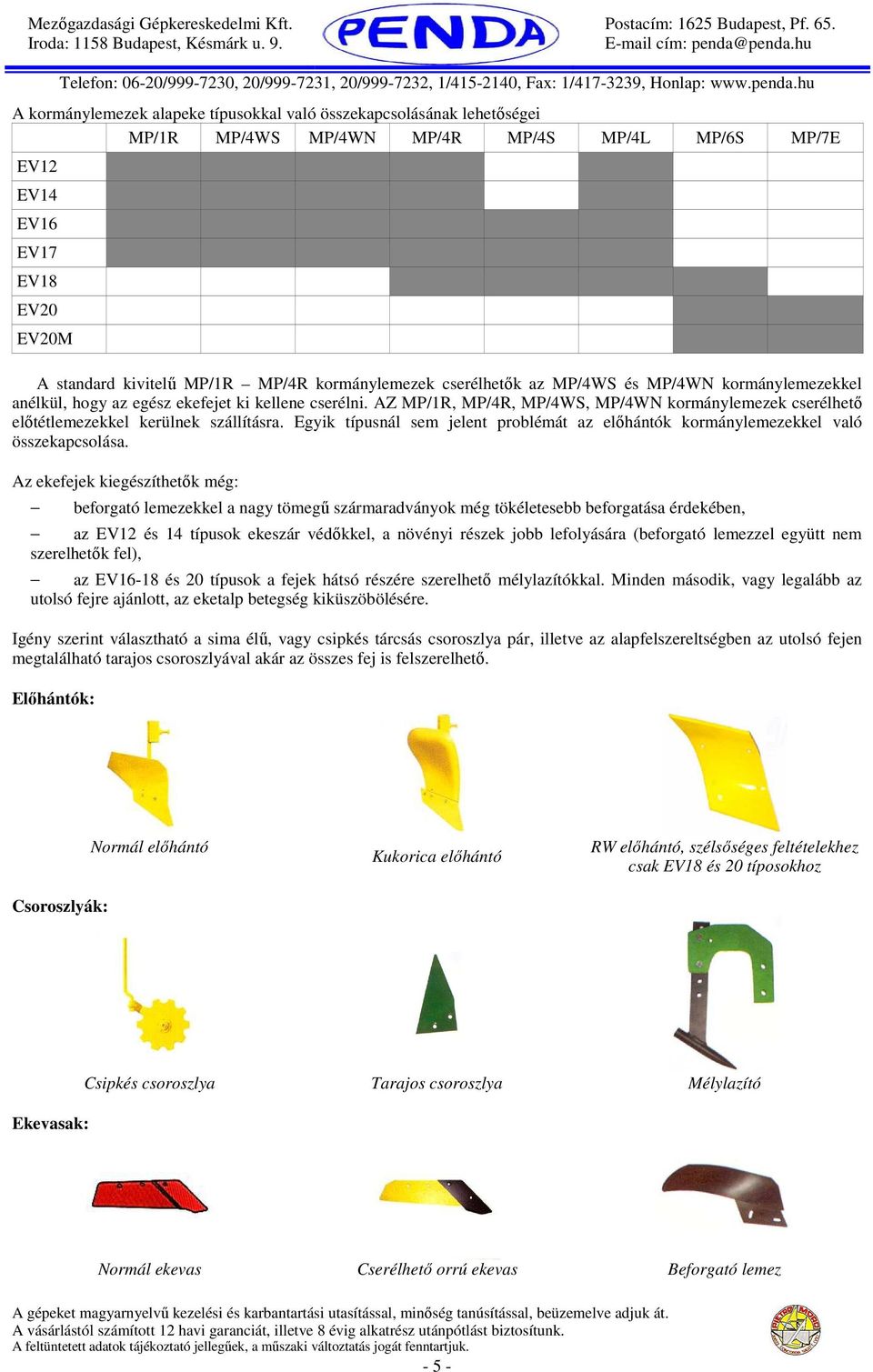 AZ MP/1R, MP/4R, MP/4WS, MP/4WN kormánylemezek cserélhetı elıtétlemezekkel kerülnek szállításra. Egyik típusnál sem jelent problémát az elıhántók kormánylemezekkel való összekapcsolása.