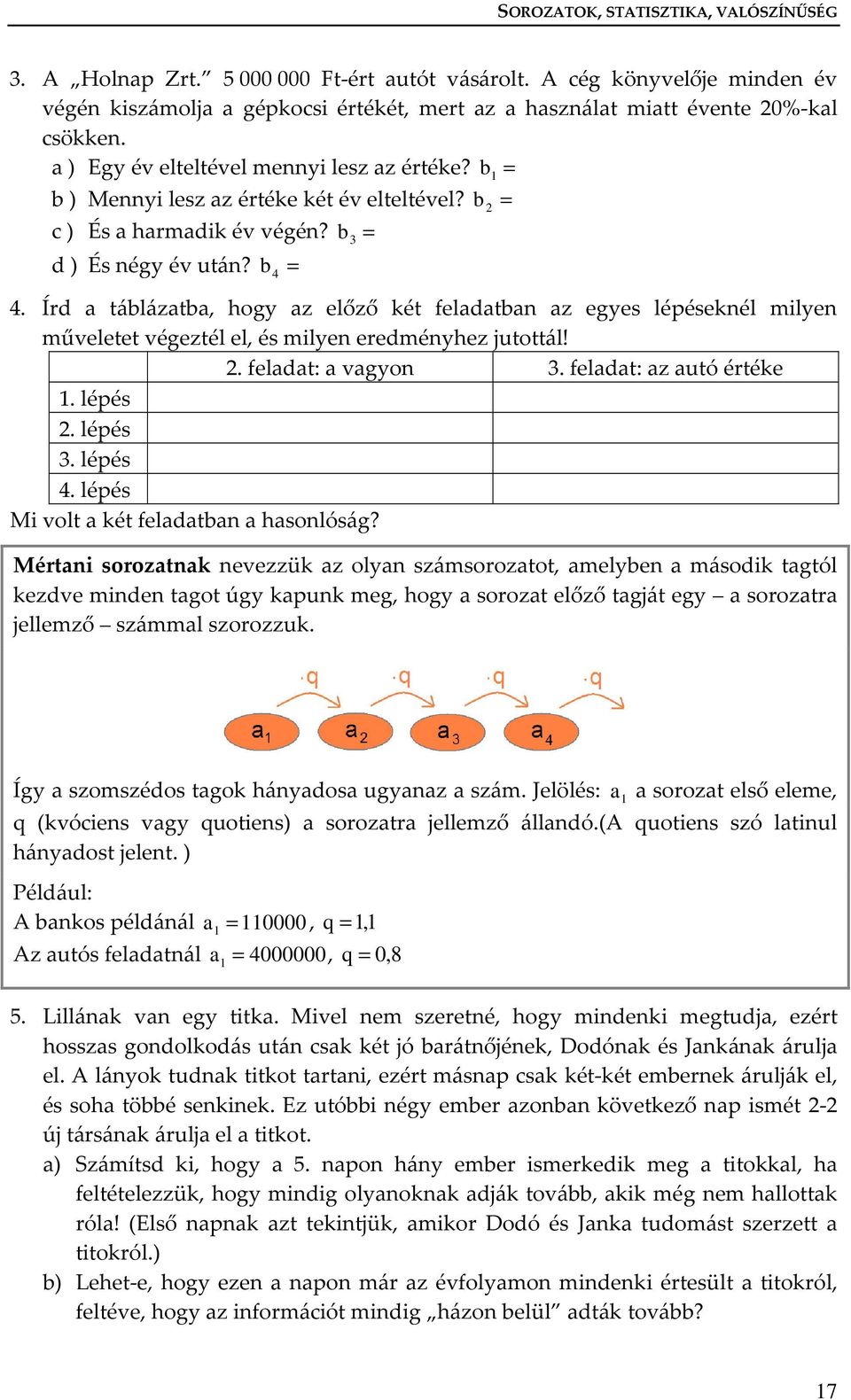 Írd a táblázatba, hogy az előző két feladatba az egyes lépésekél milye műveletet végeztél el, és milye eredméyhez jutottál!. feladat: a vagyo 3. feladat: az autó értéke. lépés. lépés 3. lépés 4.